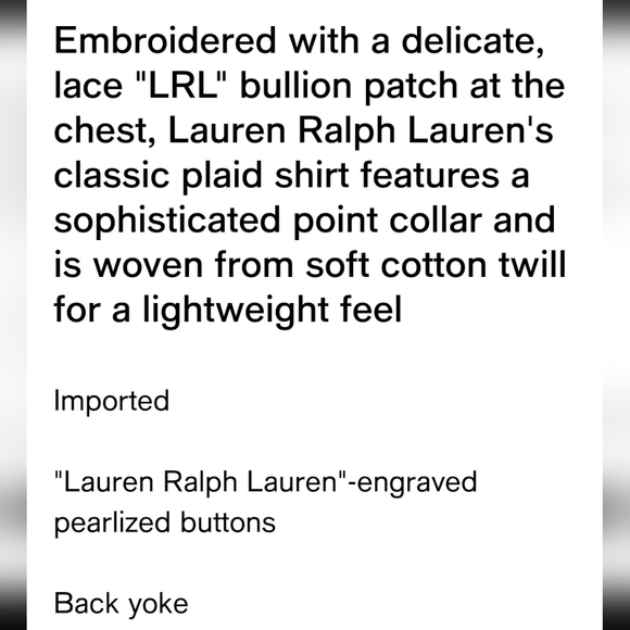 Lauren Ralph Lauren twill cotton plaid  lace bullion patch shirt nwt - Picture 6 of 10